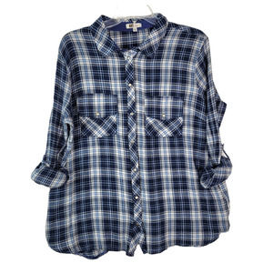Kut from the Kloth Snap Front Shirt Top XXL Blue White Plaid Long Sleeve Collar